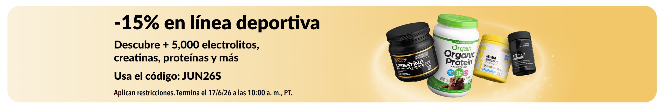 Banner de 15% de descuento en línea deportiva, como proteína, creatina y suplementos preentrenamiento.
