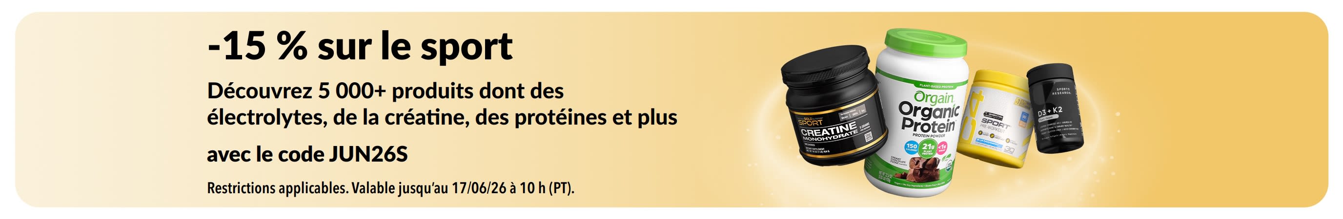 Bannière promo de 15 % sur la nutrition sportive avec les protéines, la créatine et les suppléments pré-entraînement.