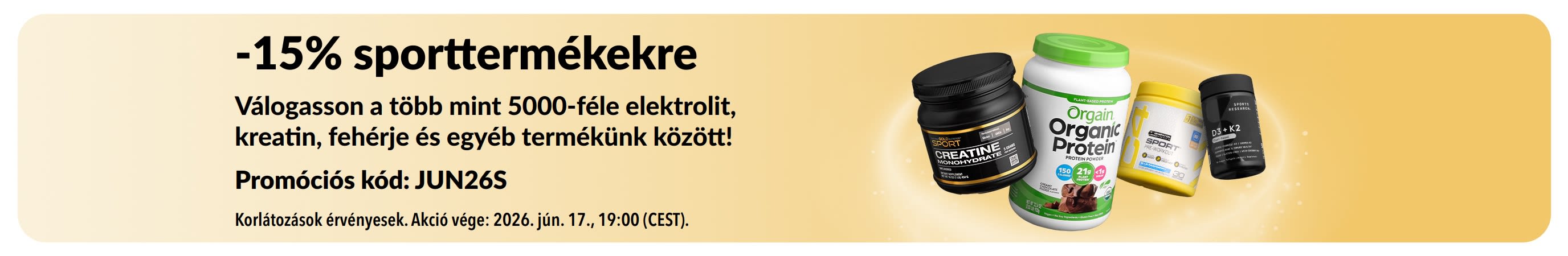 Sporttáplálékkiegészítőkre 15% kedvezményt kínáló banner, amely fehérjét, kreatint és edzés előtti készítményt ábrázol.