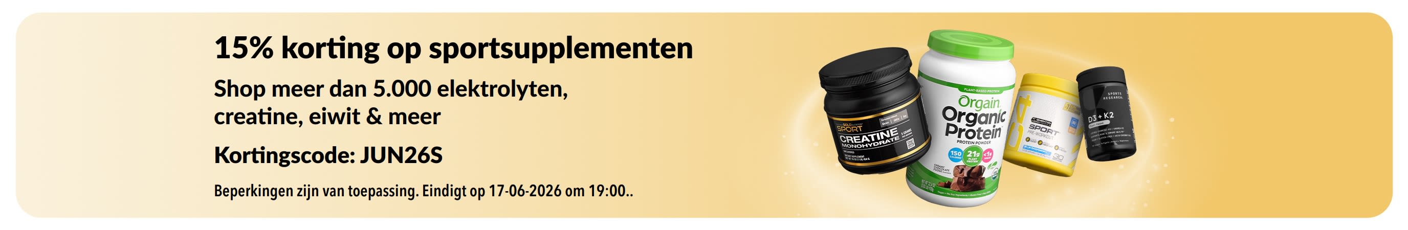 Promotiebanner met 15% korting op sportvoedingsproducten, waaronder eiwit-, creatine- en pre-workoutsupplementen.