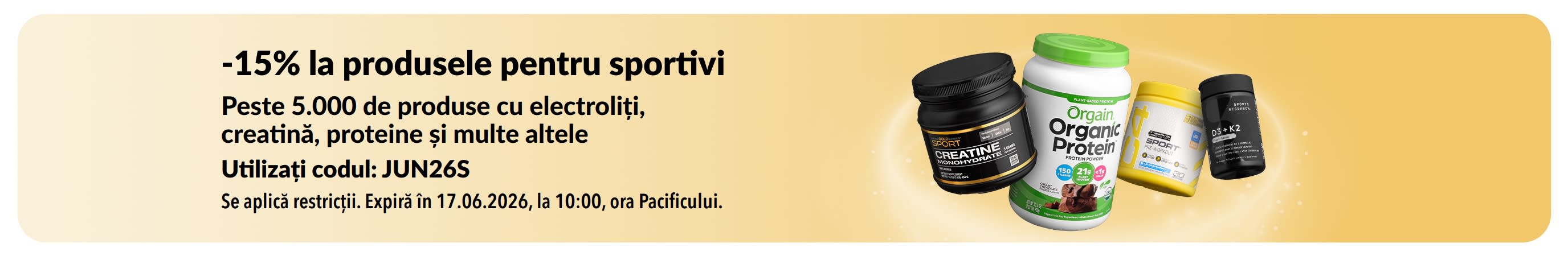Banner cu 15% reducere la produsele pentru sportivi, precum proteine, creatină și suplimente pre-antrenament.