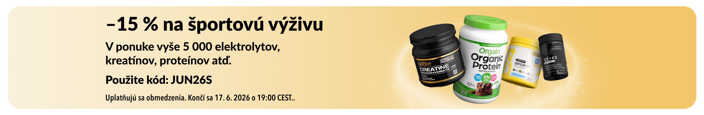 Propagačný baner ponúkajúci 15 % zľavu na produkty športovej výživy vrátane proteínov, kreatínu a predtréningoviek.