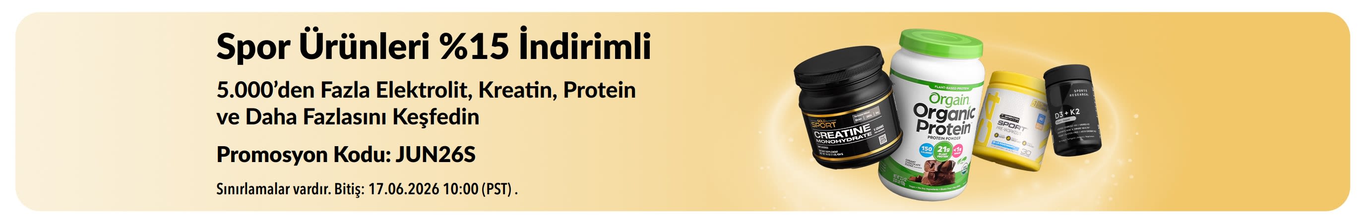 Protein, kreatin ve antrenman öncesi takviyelerin yer aldığı, spor ürünlerinde %15 indirim sunan tanıtım bannerı.
