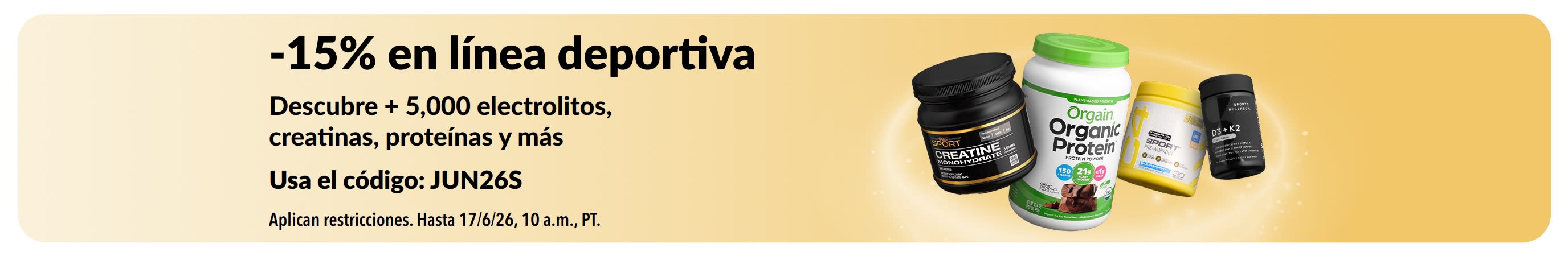 Banner de 15% de descuento en línea deportiva, como proteína, creatina y suplementos preentrenamiento.