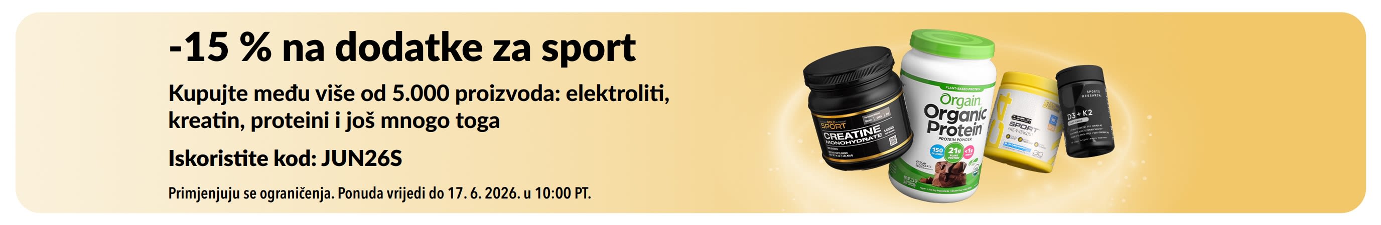 Reklamni natpis koji promovira 15 % popusta na proizvode sportske prehrane, s prikazom proteina, kreatina i dodataka prehrani prije treninga.