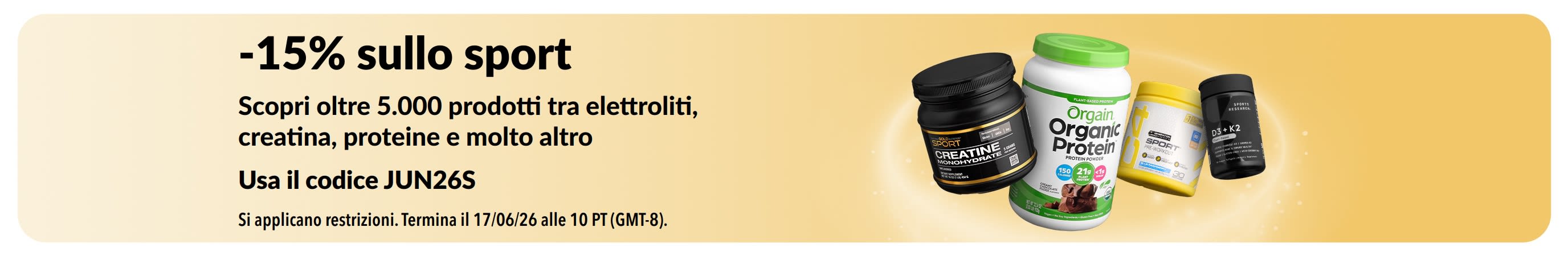 Banner promozionale che offre il 15% di sconto sui prodotti per la nutrizione sportiva, con proteine, creatina e integratori pre-workout.