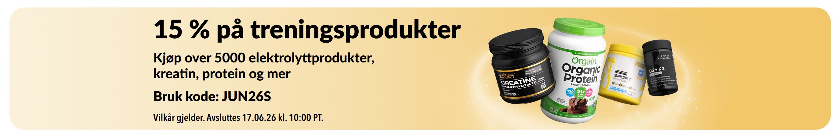 Kampanjebanner som tilbyr 15 % rabatt på sportsernæringsprodukter, med protein, kreatin og pre-workout-tilskudd.