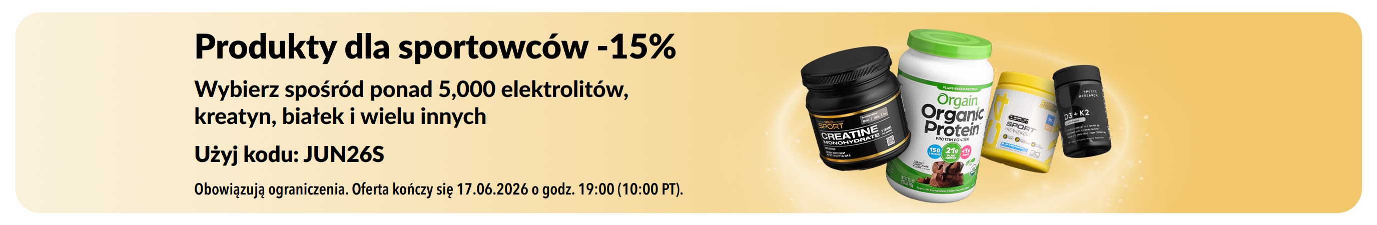 Baner promocyjny oferujący 15% zniżki na odżywki dla sportowców, przedstawiający białko, kreatynę oraz suplementy przedtreningowe.
