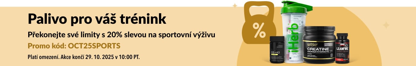 Banner iHerb s 20% slevou na sportovní výživu, zobrazující kreatin a doplňky stravy.