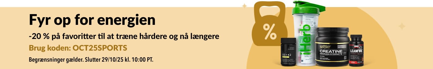 iHerb-banner, der promoverer 20 % i rabat på essentielle sportsernæringsprodukter, herunder kreatin og kosttilskud.