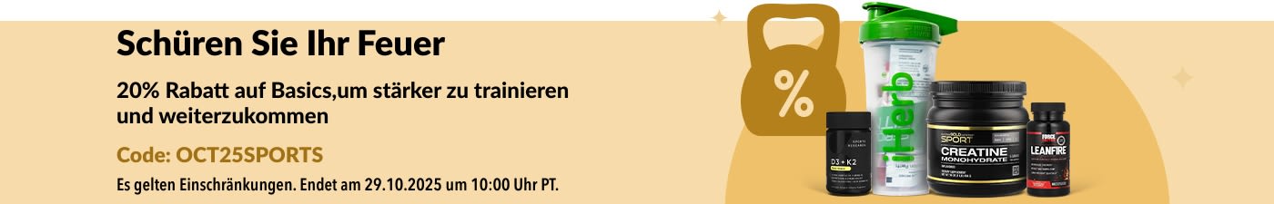 iHerb-Banner mit Werbung für 20% Rabatt auf Sportnahrung-Basics wie Kreatin und Nahrungsergänzungsmittel.