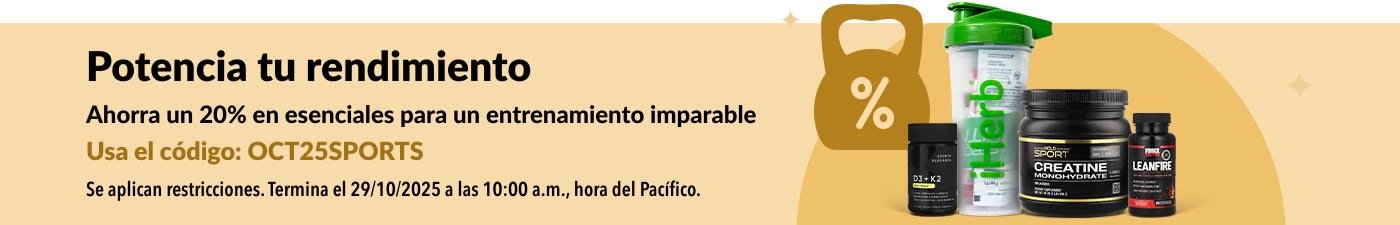 Banner de iHerb promocionando un 20% de descuento en nutrición deportiva, con creatina y suplementos.