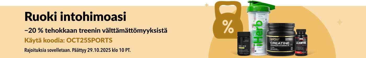 iHerb-banneri, jossa mainostetaan 20 %:n alennusta urheiluravinteista, kuten kreatiinista ja muista lisäravinteista.