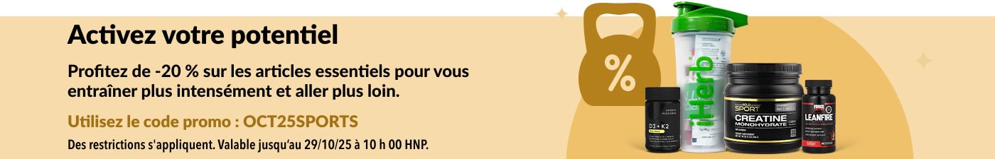 Bannière iHerb promouvant une réduction de 20 % sur les produits nutritionnels essentiels pour le sport, notamment la créatine et les compléments alimentaires.
