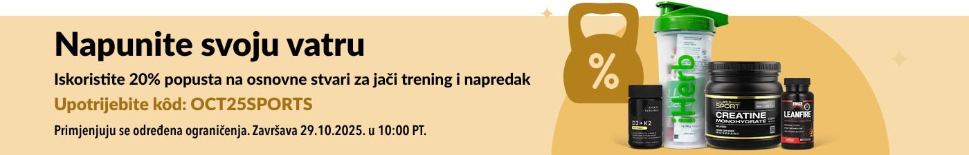iHerb banner koji promovira 20% popusta na osnovne sportske prehrambene proizvode, uključujući kreatin i dodatke prehrani.