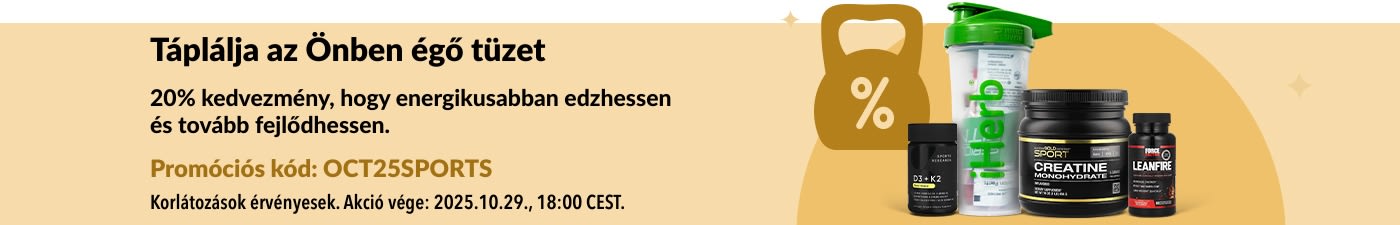 iHerb banner, amely 20% kedvezményt hirdet alapvető sporttáplálkozási termékekre, mint a kreatin és egyéb étrend-kiegészítők.