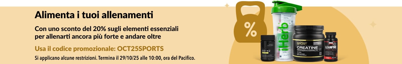 Banner iHerb che promuove uno sconto del 20% sui prodotti essenziali per l'alimentazione sportiva, tra cui creatina e integratori.