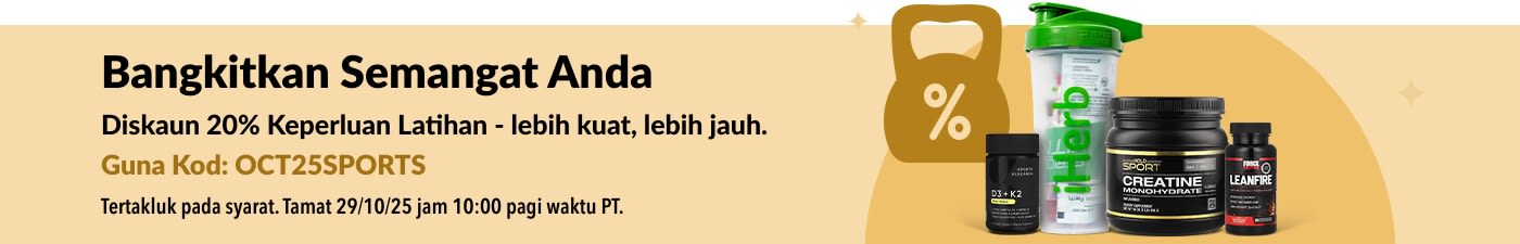 Sepanduk iHerb mempromosikan diskaun 20% untuk keperluan nutrisi sukan, memaparkan produk kreatin, suplemen.