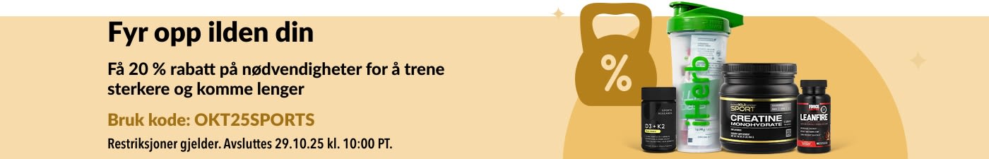 iHerb-banner som promoterer 20 % rabatt på nødvendigheter til sportsernæring, inkludert kreatin og kosttilskudd.