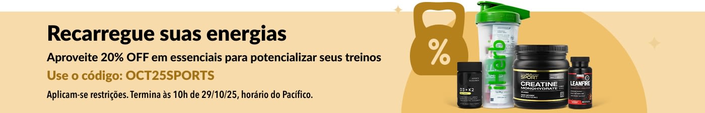 Banner da iHerb promovendo 20% OFF em essenciais de nutrição esportiva, com destaque para creatina e suplementos.