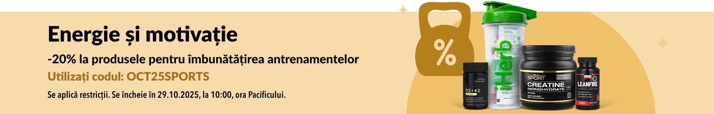 Banner iHerb cu 20% reducere la produse esențiale de nutriție sportivă, inclusiv creatină și suplimente.