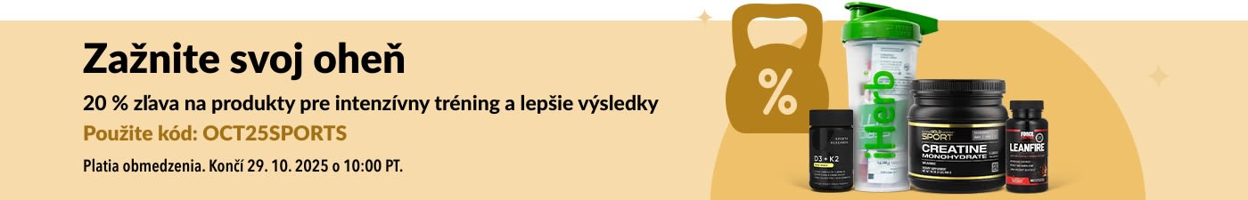 Banner iHerb propagujúci 20 % zľavu na základné športové výživové doplnky, vrátane kreatínu.