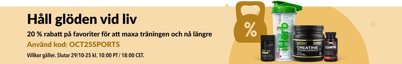 iHerb-banner som marknadsför 20 % rabatt på favoriter inom sportnäring, inklusive kreatin och kosttillskott.