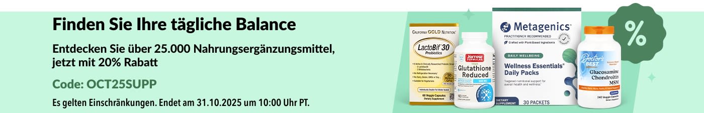 iHerb-Banner mit Werbung für 20% Rabatt auf über 25.000 Nahrungsergänzungsmittel mit dem Code OCT25SUPP, inklusive Wellness- und Vitaminprodukten.