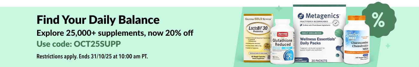 iHerb banner promoting 20% off 25,000+ supplements with code OCT25SUPP, featuring wellness and vitamin products.