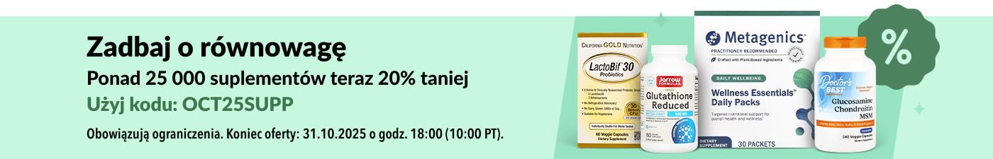 Baner iHerb promujący 20% zniżki na ponad 25 000 suplementów z kodem OCT25SUPP, w tym produkty wspierające zdrowie, energię i witaminy.