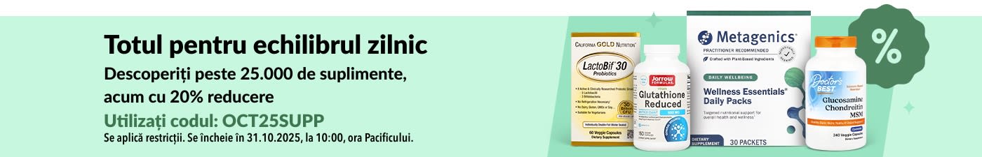 Banner iHerb cu 20% reducere la peste 25.000 de suplimente cu codul OCT25SUPP, inclusiv produse de wellness și vitamine.