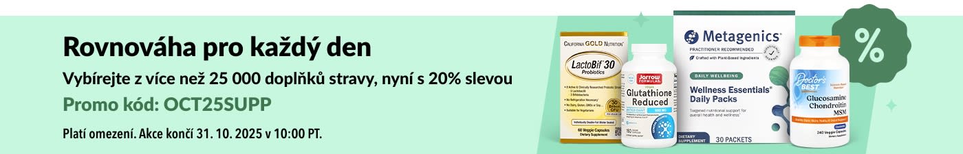 Banner iHerb s 20% slevou na 25 000 doplňků stravy s kódem OCT25SUPP, zobrazující vitamíny a produkty pro zdraví.