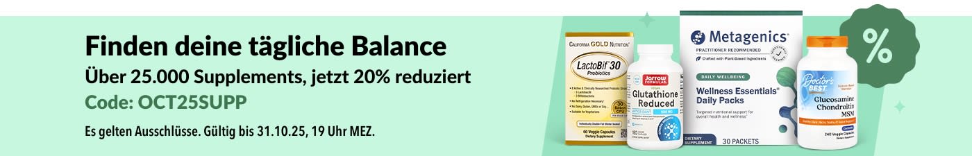 iHerb-Banner mit Werbung für 20% Rabatt auf über 25.000 Nahrungsergänzungsmittel mit dem Code OCT25SUPP, inklusive Wellness- und Vitaminprodukten.