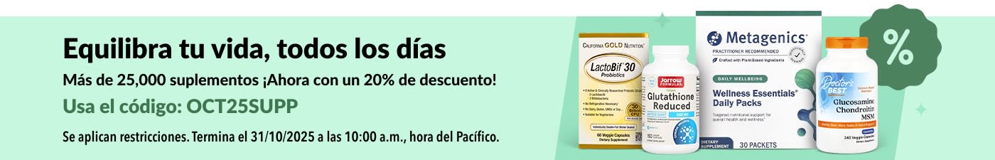 Banner de iHerb promocionando un 20% de descuento en más de 25,000 suplementos con el código: OCT25SUPP, incluyendo productos de bienestar y vitaminas.