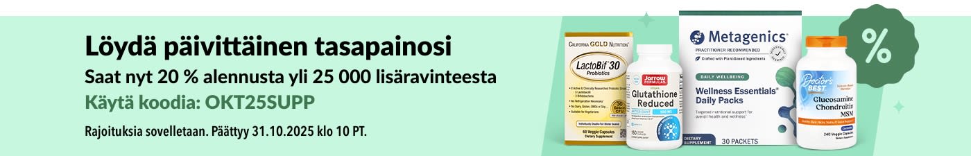 iHerb-banneri, jossa mainostetaan 20 %:n alennusta yli 25 000 ravintolisästä koodilla OCT25SUPP. Kuvassa hyvinvointi- ja vitamiinituotteita.