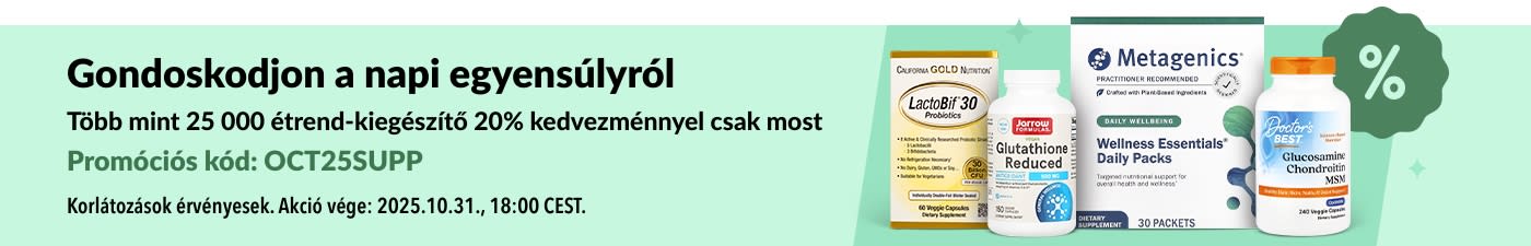 iHerb banner, amely több mint 25 000 táplálékkiegészítőt kínál 20% kedvezménnyel az OCT25SUPP kóddal, wellness és vitaminkészítmények képeivel.