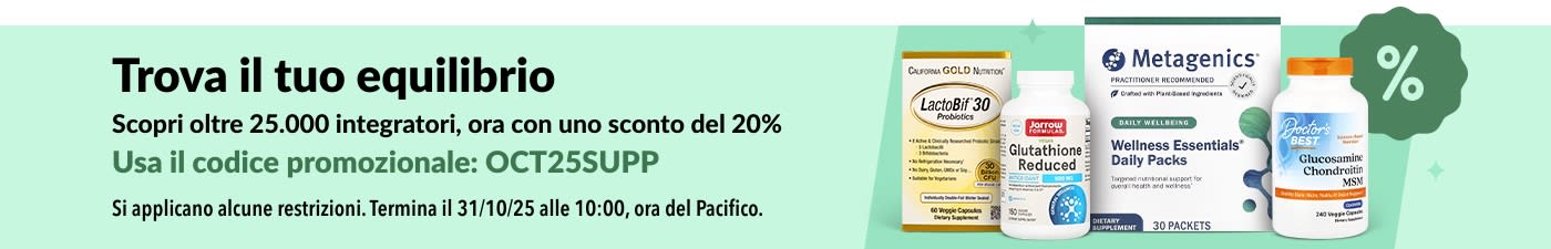 Banner iHerb che promuove uno sconto del 20% su oltre 25.000 integratori con il codice OCT25SUPP, con prodotti per il benessere e vitaminici.