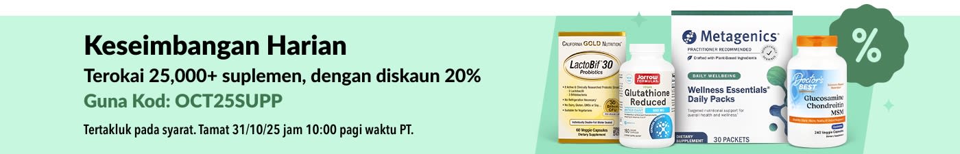Sepanduk iHerb mempromosikan diskaun 20% untuk 25,000+ suplemen dengan kod OCT25SUPP, memaparkan produk kesihatan dan vitamin.