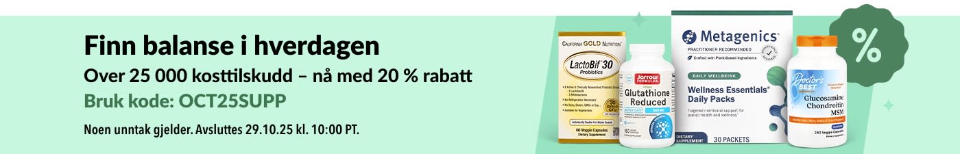 iHerb-banner som promoterer 20 % rabatt på over 25 000 kosttilskudd med koden OCT25SUPP, med velvære- og vitaminprodukter.