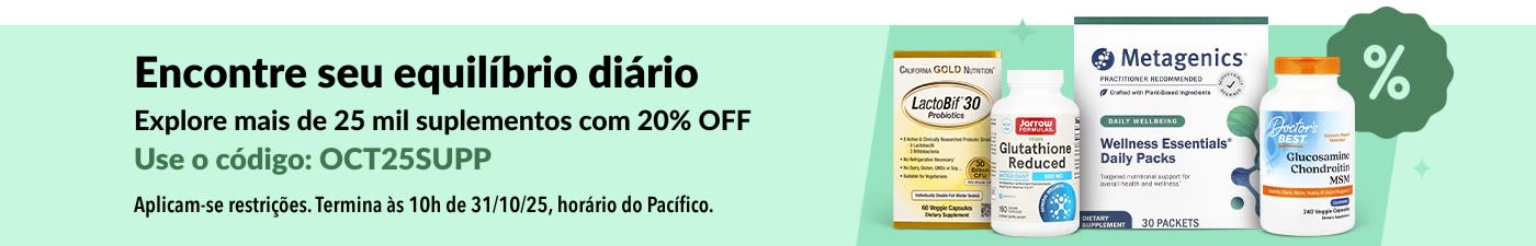 Banner da iHerb promovendo 20% OFF em mais de 25 mil suplementos com o código OCT25SUPP, com destaque para produtos de bem-estar e vitaminas.