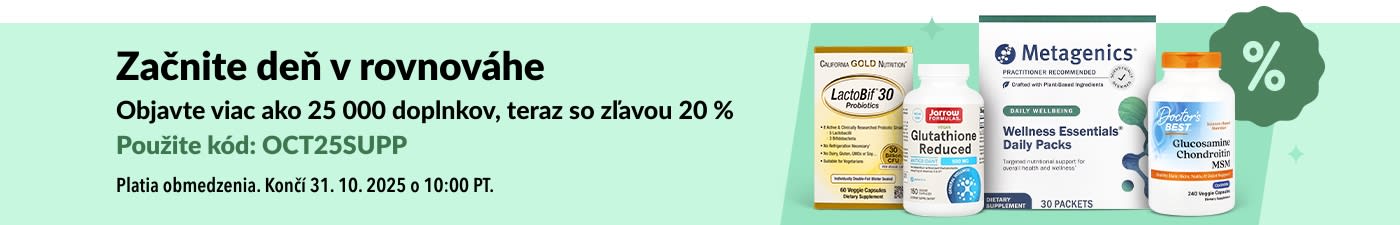 Banner iHerb propagujúci 20 % zľavu na viac ako 25 000 doplnkov s kódom OCT25SUPP, ktorý zahŕňa wellness a vitamínové produkty.