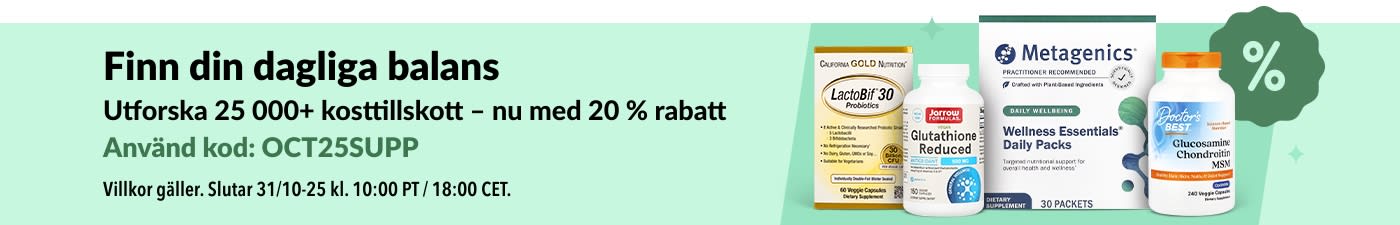 iHerb-banner som marknadsför 20 % rabatt på över 25 000 kosttillskott med koden OCT25SUPP, inklusive hälso- och vitaminprodukter.