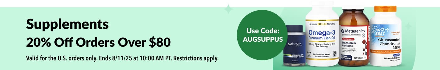 Supplements 20% off orders over $80 with code AUGSUPPUS – includes Omega-3, Magnesium, and Glucosamine products.