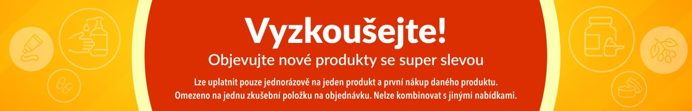 Banner s nabídkou „Vyzkoušejte!“, která motivuje objevovat nové produkty se speciální jednorázovou slevou na první nákup.