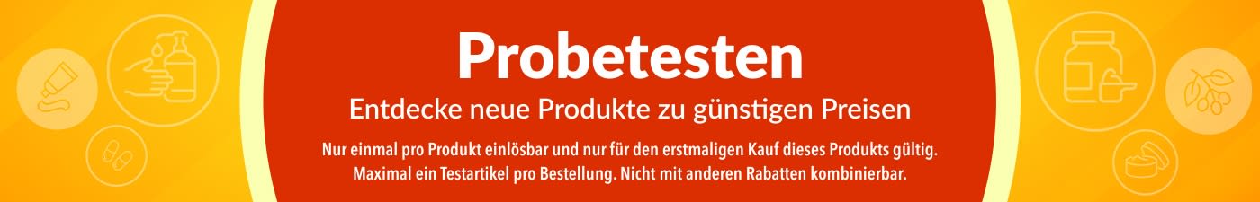 Banner, das für das Angebot Probetesten wirbt und dazu einlädt, neue Produkte zu entdecken, mit einmaligen Sonderrabatten beim ersten Kauf.