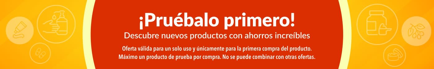 Banner que promociona productos con precio de prueba «¡Pruébalo primero!», invitando a descubrir nuevos productos con ahorros especiales, solo en tu primera compra.