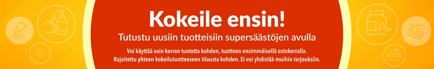 Banneri, joka mainostaa ”Kokeile ensin” -kokeilutarjousta. Kannustaa kokeilemaan uusia tuotteita tarjoamalla kertaluontoisen erikoistarjouksen ensimmäisistä tuoteostoista.