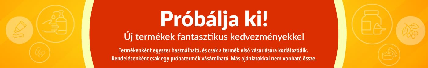 A „Próbálja ki először” próbaajánlatot népszerűsítő banner, amely új termékek felfedezésére ösztönöz, különleges egyszeri kedvezménnyel az első vásárlások esetén.