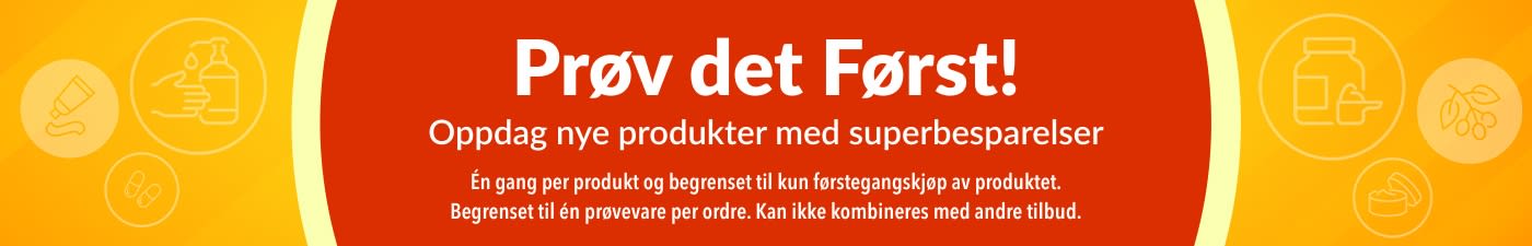 Banner som markedsfører «Prøv det først»-prøvetilbudet, som oppmuntrer til å oppdage nye produkter med en spesiell engangsrabatt på det første kjøpet.