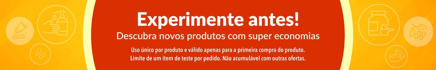 Banner promovendo a oferta “Experimente antes”, incentivando a descoberta de novos produtos com ofertas especiais válidas para uso único na primeira compra.
